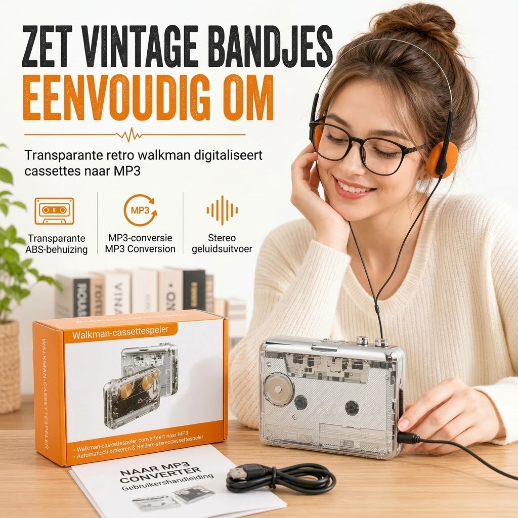 Transparante draagbare cassettespeler met USB C en MP3 conversie