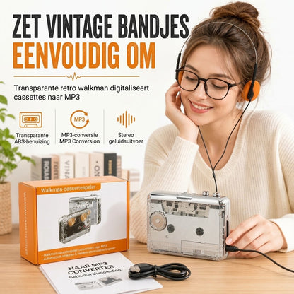 Transparante draagbare cassettespeler met USB C en MP3 conversie