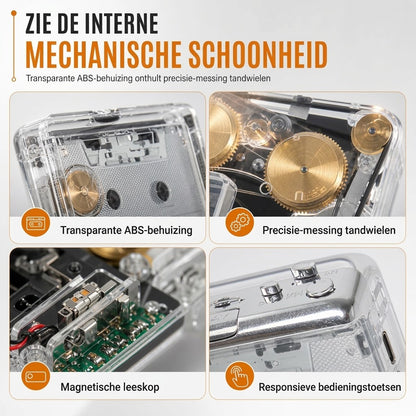 Transparante draagbare cassettespeler met USB C en MP3 conversie