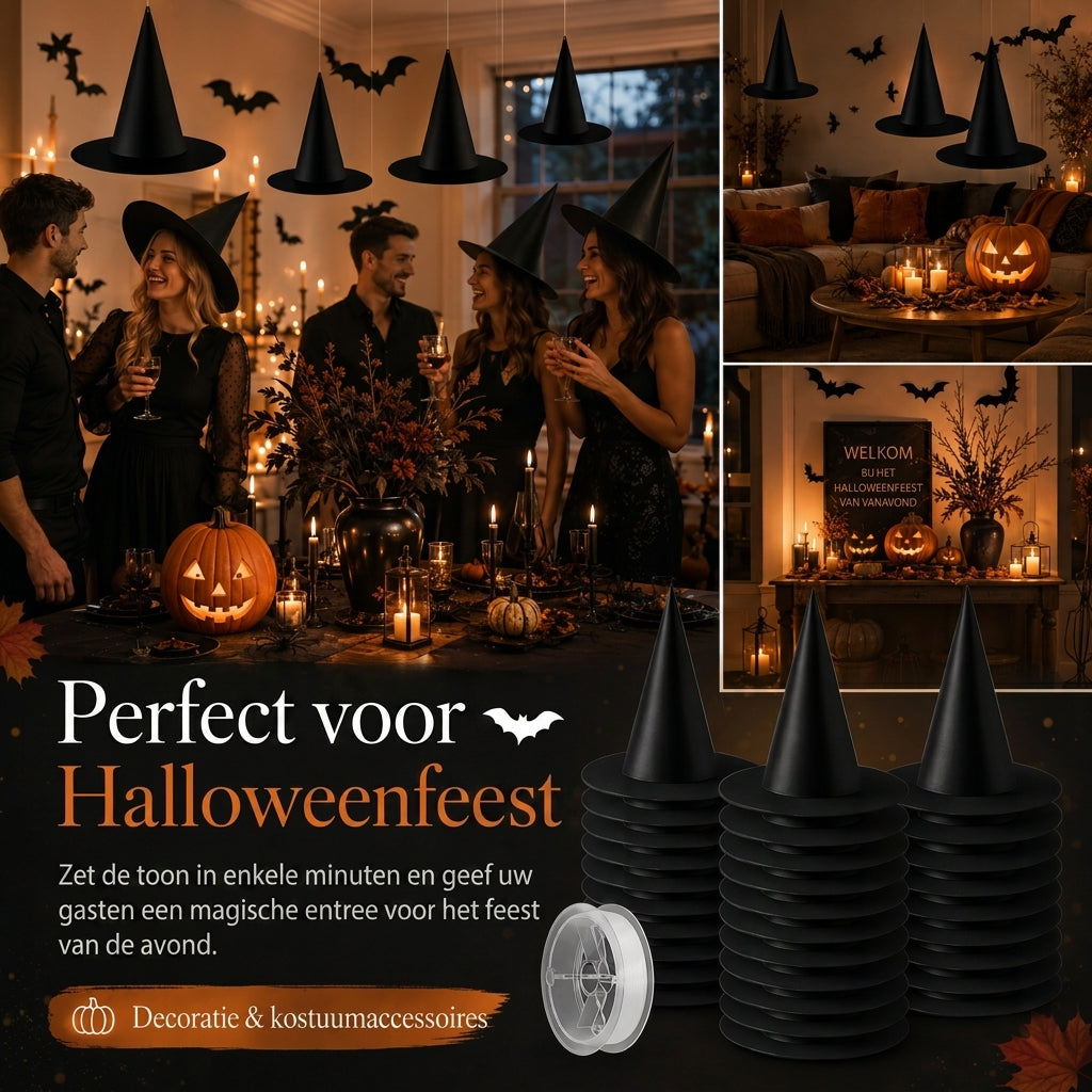 Zwevende heksenhoeden voor Halloween decoratie