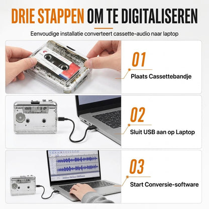 Transparante draagbare cassettespeler met USB C en MP3 conversie