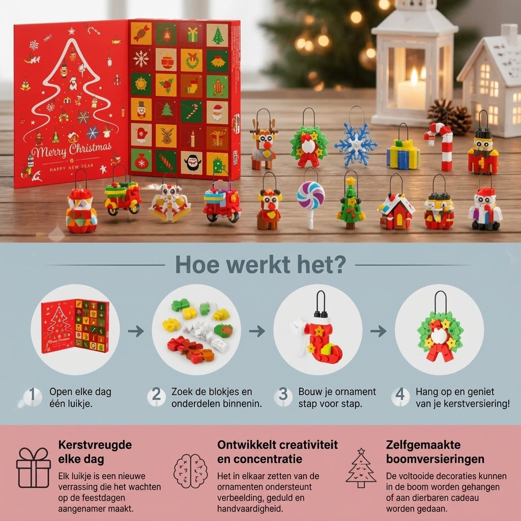 Adventskalender met bouwblokken voor kerstdecoraties