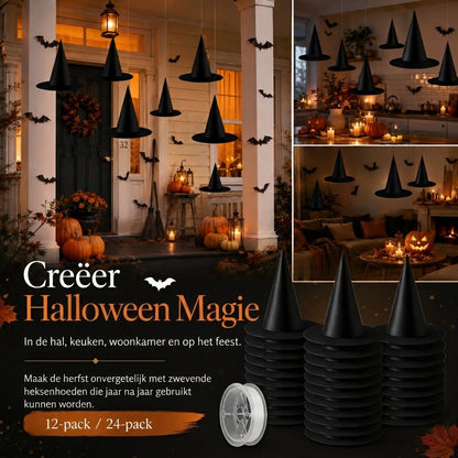 Zwevende heksenhoeden voor Halloween decoratie