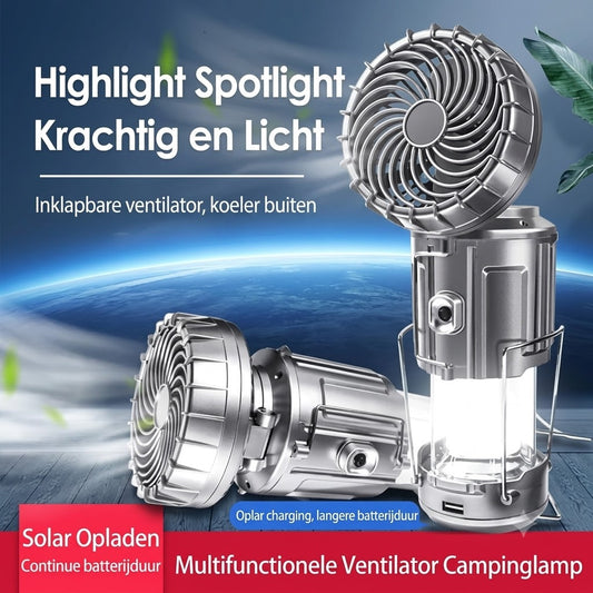 Campinglamp op Zonneenergie met Ventilator en Powerbank