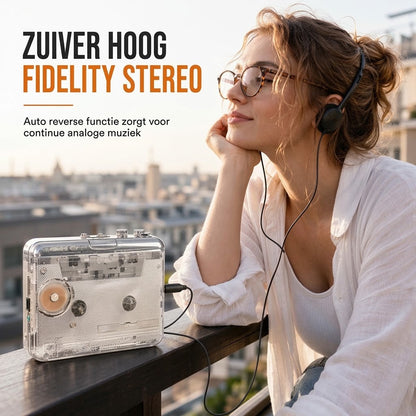 Transparante draagbare cassettespeler met USB C en MP3 conversie