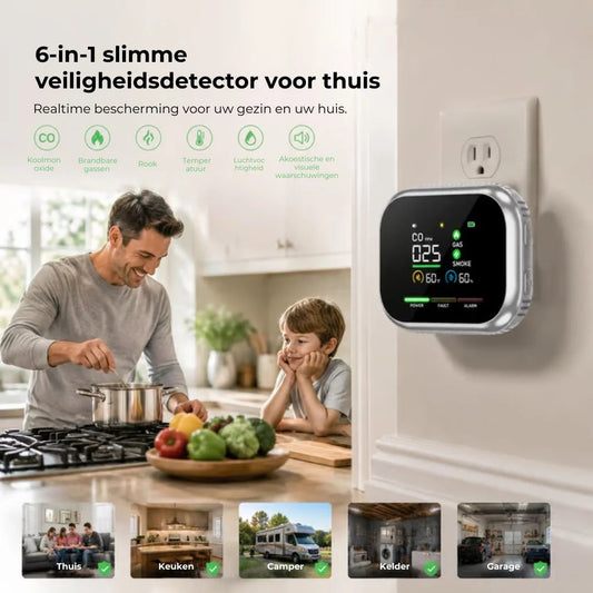 6 in 1 slimme veiligheidsdetector voor CO gas en rook