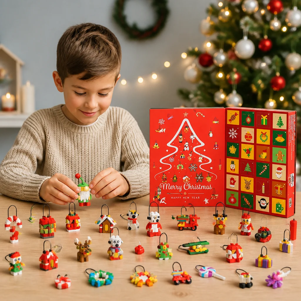 Adventskalender met bouwblokken voor kerstdecoraties