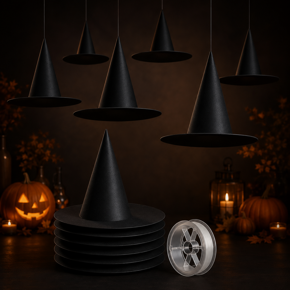Zwevende heksenhoeden voor Halloween decoratie
