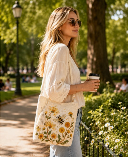 BeeBelle™ gehaakte draagtas met bijen en bloemen