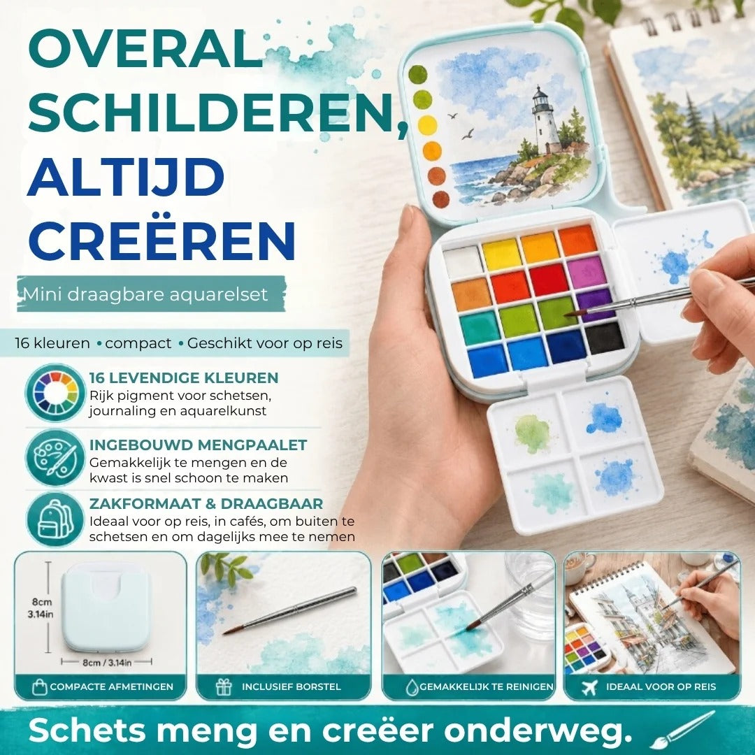 Ultracompacte aquarelset 16 kleuren