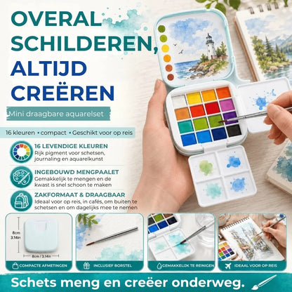 Ultracompacte aquarelset 16 kleuren